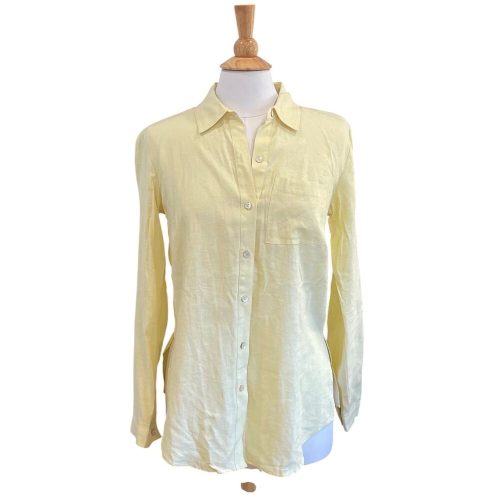 Susan Graver Butter Yellow Linen Blend Button Down Shirt Tunic, Minimalist, XXS